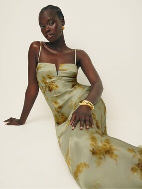 anaiis silk dress tarragon Reformation Anaiis Silk Floral Column Gown